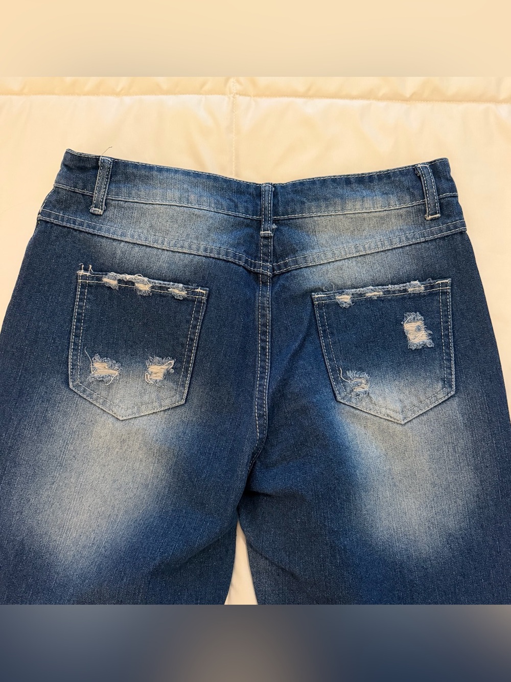 Dark Blue Distressed Women's Jeans with Shamrock Patch Detail - Picture 4 of 9